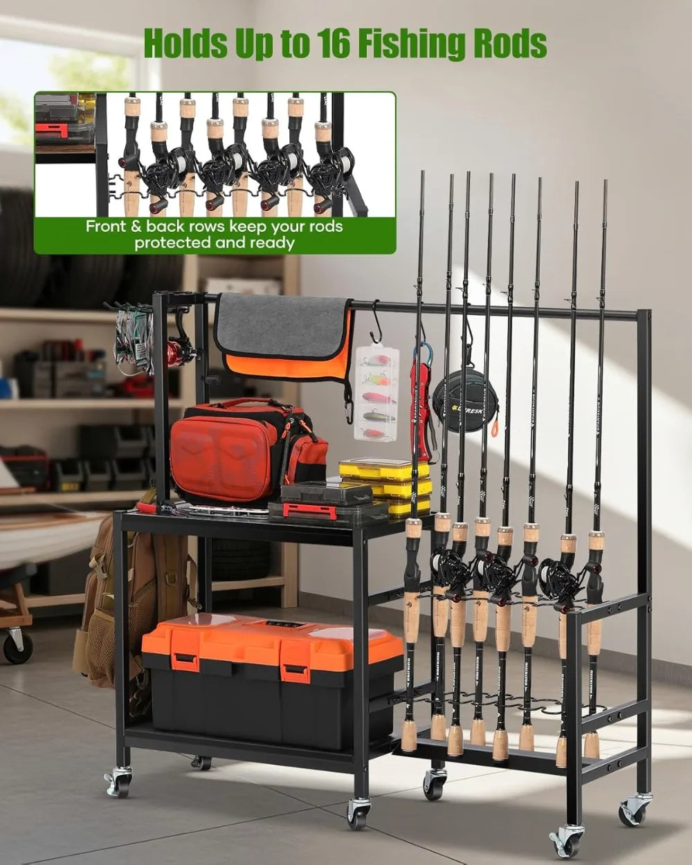 Fishing Rod Holder Holds Up to 16 Rods, Heavy Duty Rolling Cart with Wheels, Fishing Equipment Storage