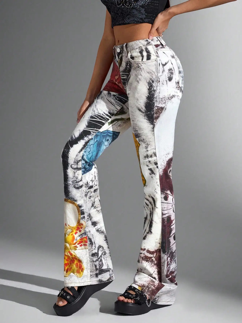 Y2K Butterfly Print Flared Denim Jeans Vintage Streetwear Graphic Pants