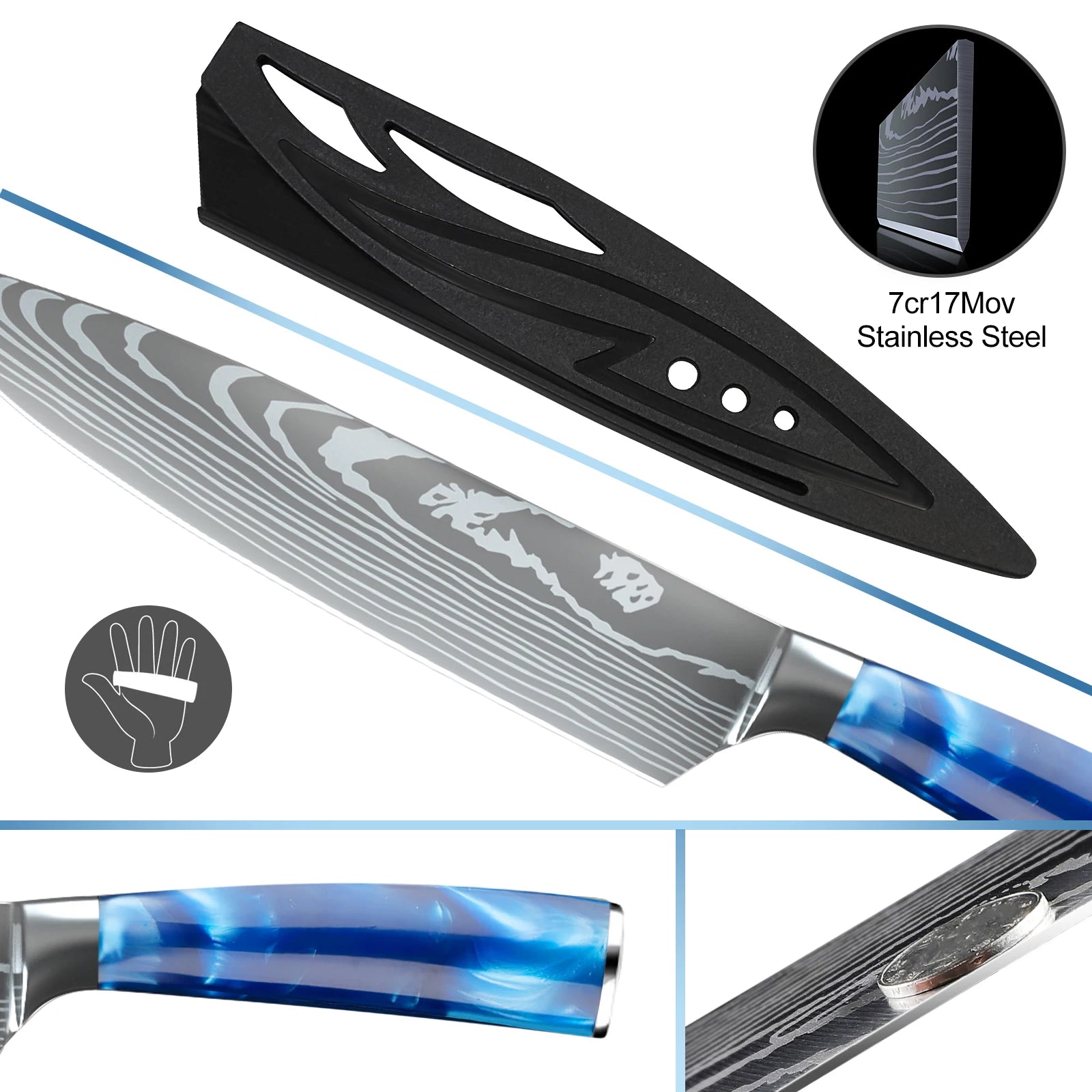 8PCS Resin Handle Carbon Steel Chef Knives Meat Cleaver Fruit Vegetable Slicing