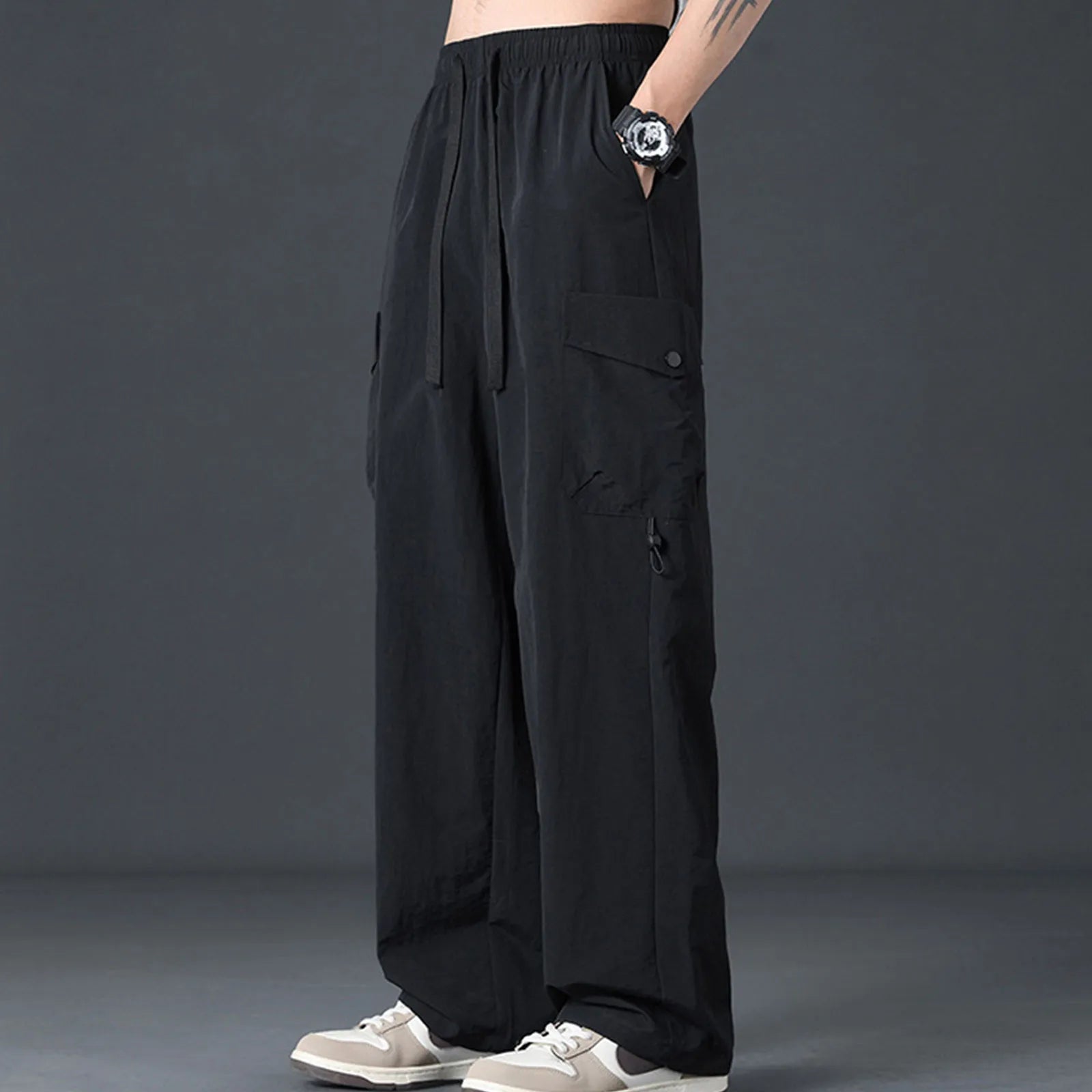 Men's Straight Leg Cargo Pants Breathable Elastic Waist Drawstring Pocket Wide Leg Pants