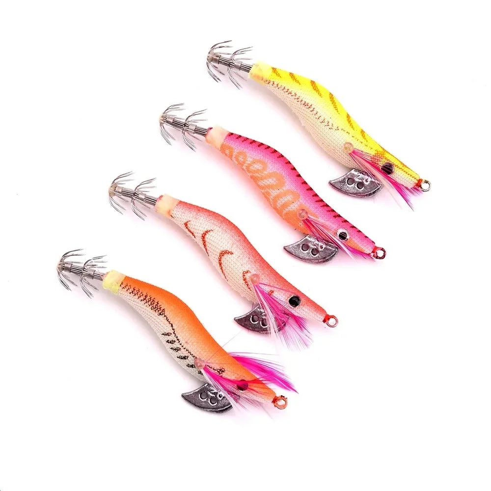 4PCS Fishing Lures Wrapped Prawn Lure Octopus Shrimp Wood Baits Squid Jig Fishing Hooks 8.5CM 7.3G 2.0#