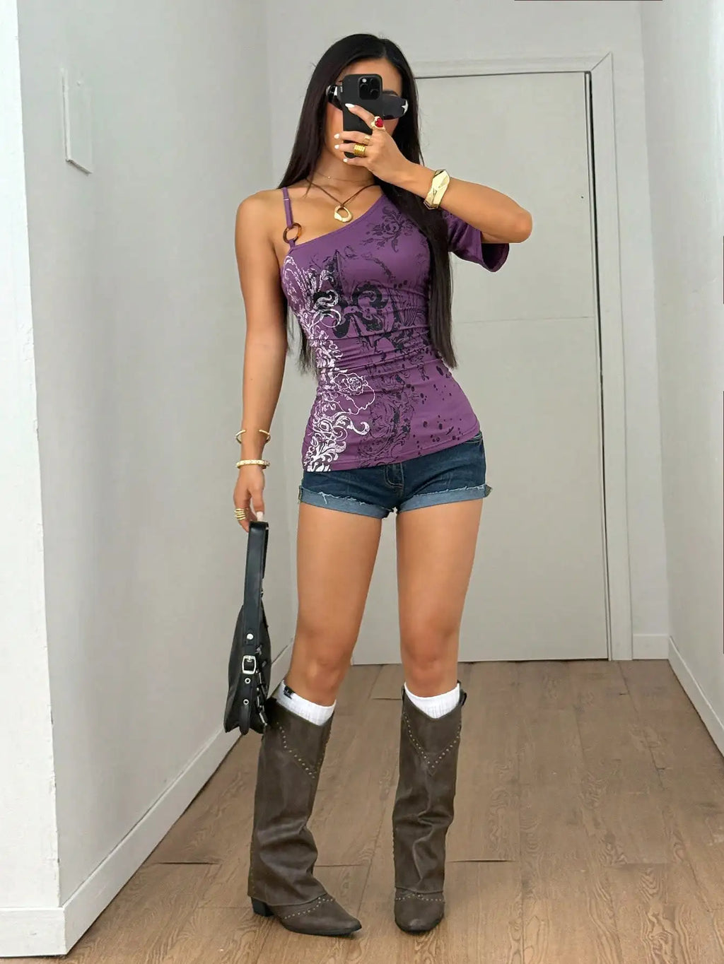 Purple Asymmetric Neck Graphic Tee with Ring Detail, Pleated Fit