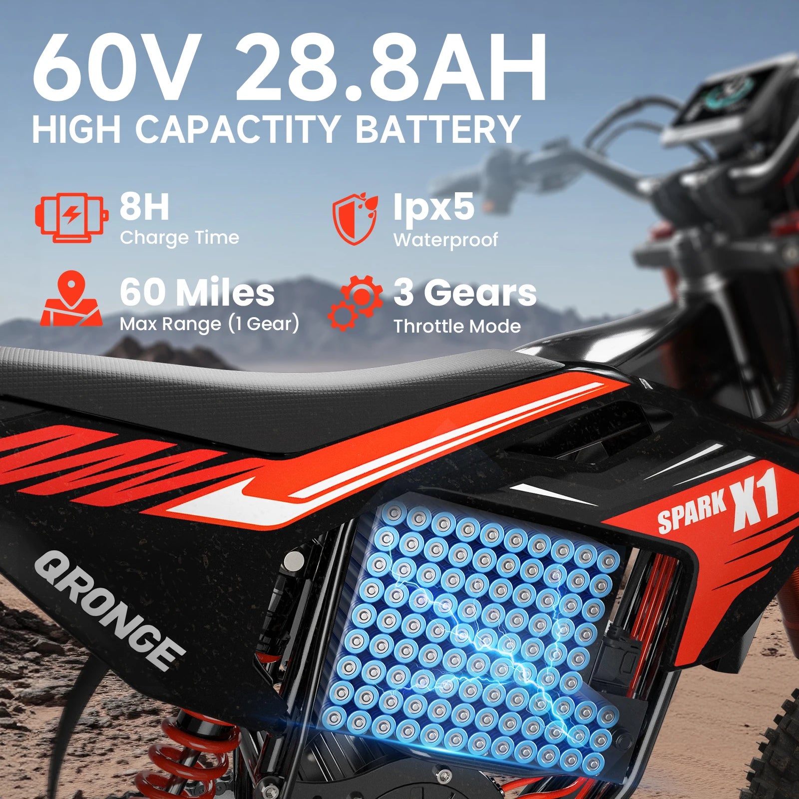 QRONGE X1 Spark Electric Dirt Bike 4500W Peak&Up to 60 Miles 50MPH 60V 28.8Ah Battery