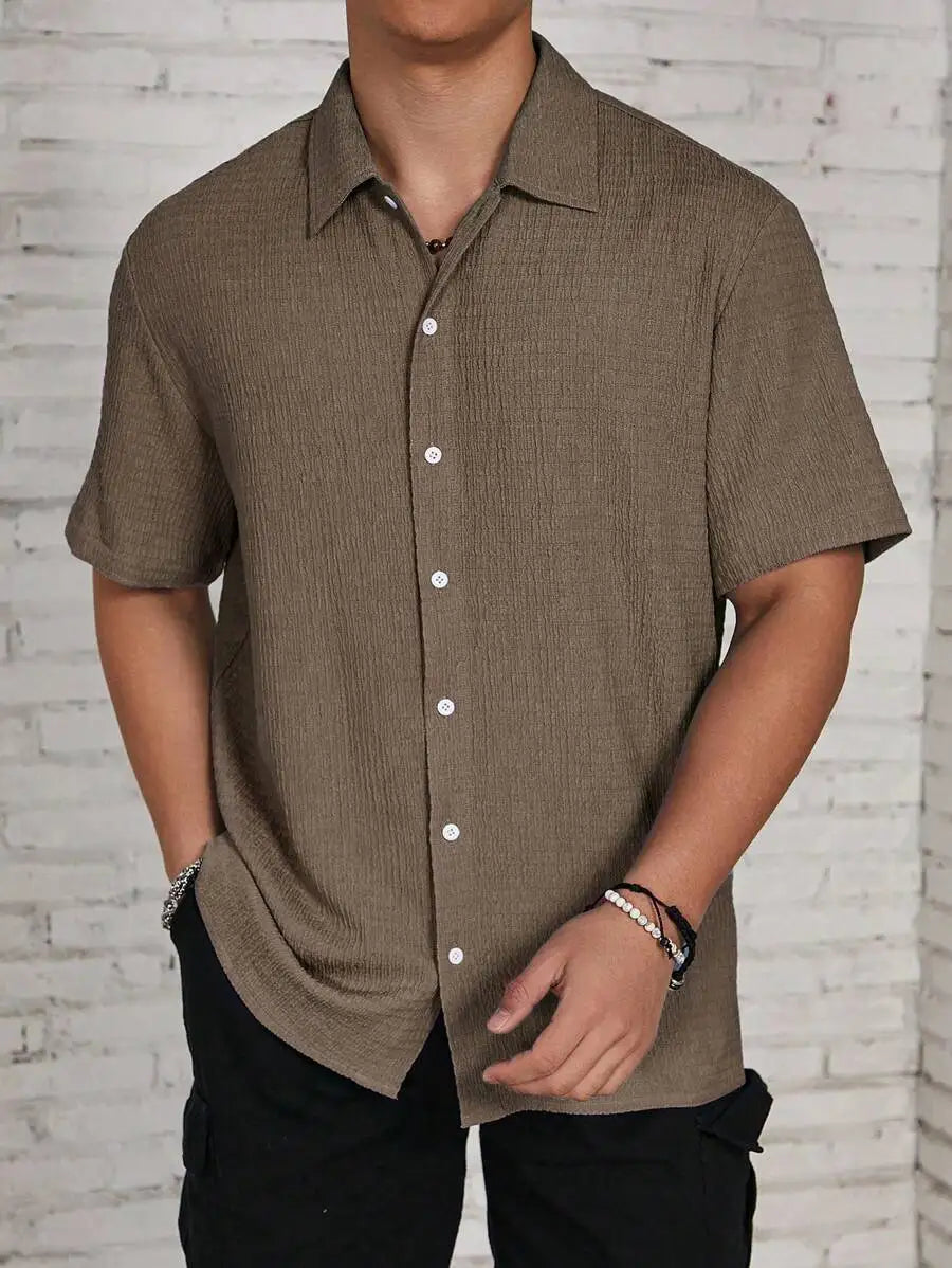 Men's Textured Knit Short Sleeve Button-Front Shirt, Loose Fit