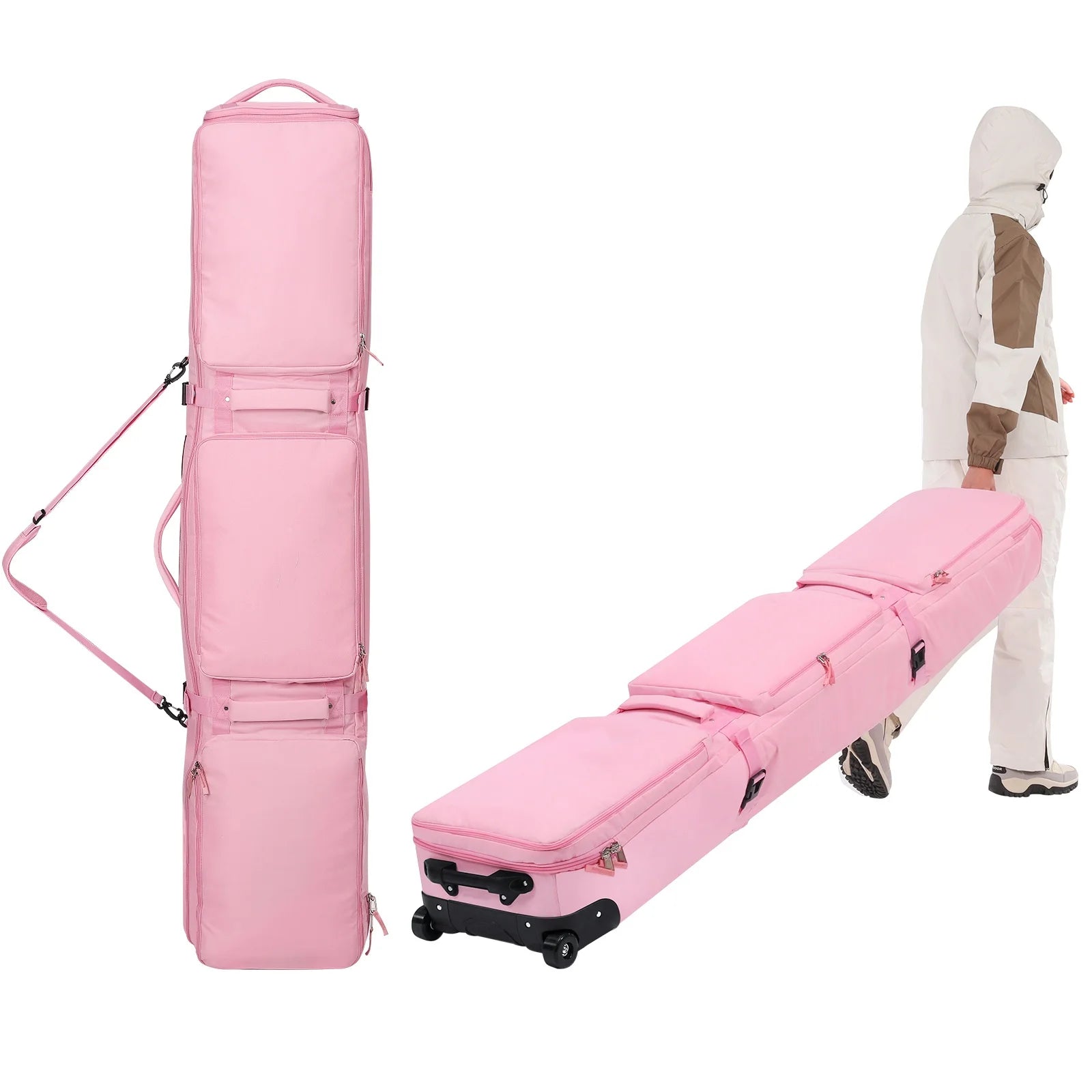 Pink/Black Skiing Bags with Rolling Wheel Padded Waterproof polyester 3 Separation Storage Adjustable Length