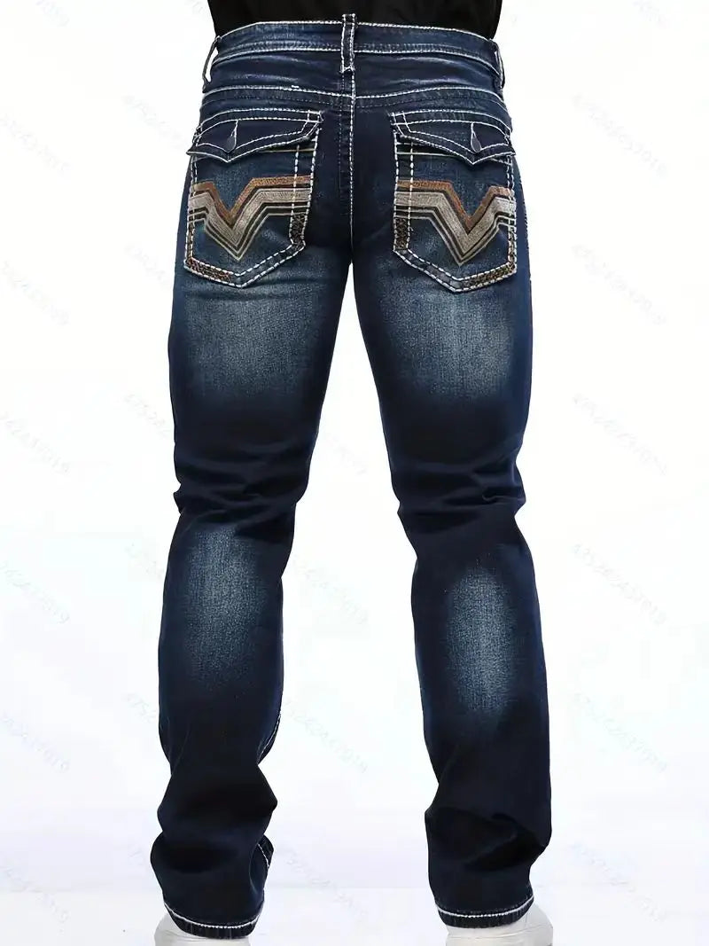 Men's deep blue elastic embroidered casual stretch jeans, street style, solid color,