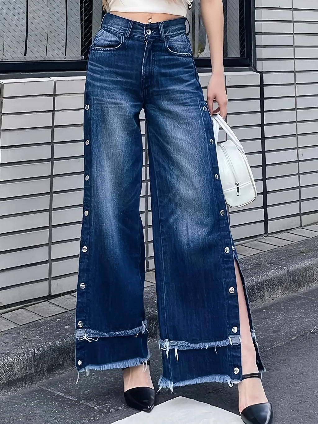Women's casual wide-leg jeans, adjustable side buttons, double-layer frayed hem, ankle-length