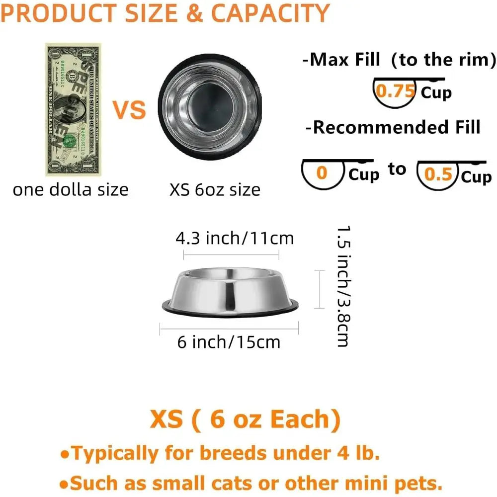 2 Pack Stainless Steel Dog Bowls with Rubber Bottom, Anti-Slip Heavy Duty Premium Quality Pet Feeder Bowls for Dogs and Cats (¾