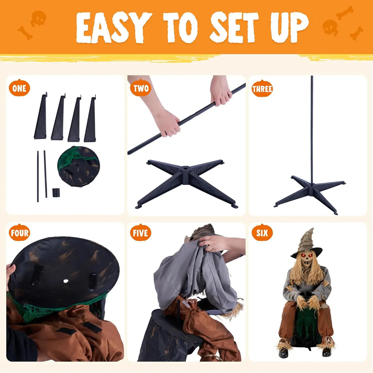 49" Halloween Animatronic Sitting Scarecrow, Halloween Sound Activated Jump Scare Prop with LED Eyes, Spooky Sounds