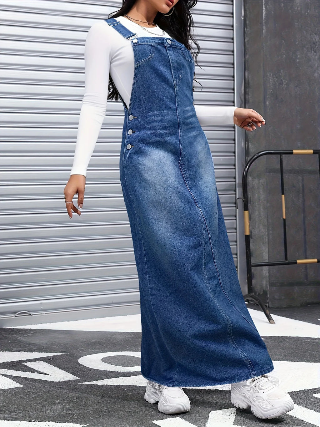 Trend Women's Denim Overalls Skirt Jean Skirts Detachable Shoulder Straps Long Skirt Suitable