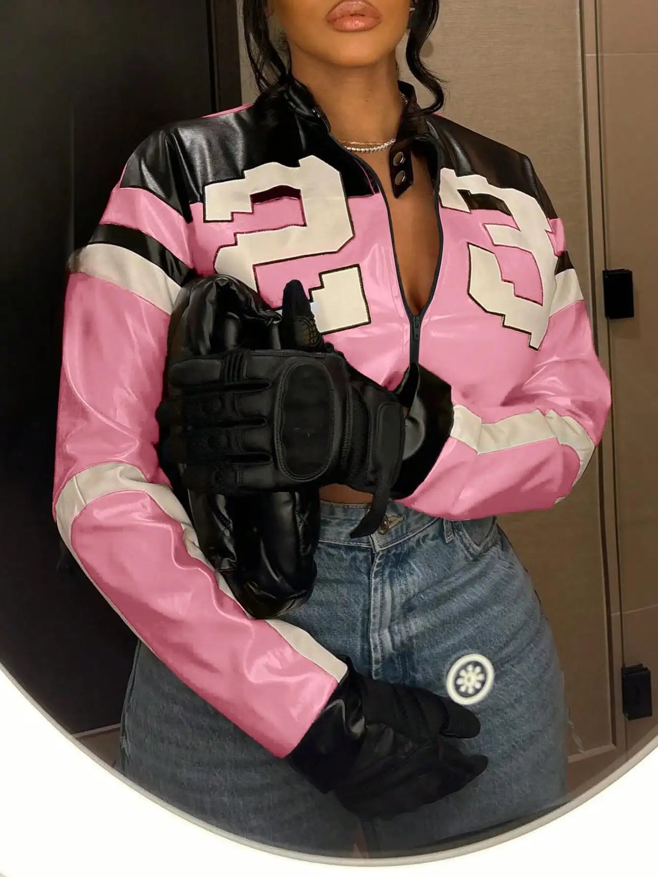 2025 Women's Faux Leather Jacket Zipper Bomber Jacket Edgy Motorcycle Style Party Tops Casual