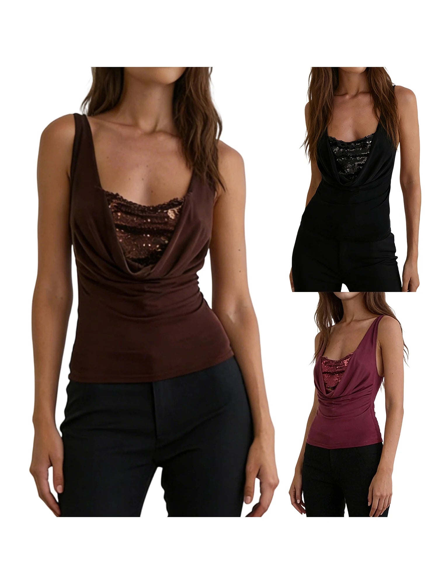 Women s Sleeveless Sequin Embellished Cowl Neck Tank Top with  Fit and Sparkly Detailing