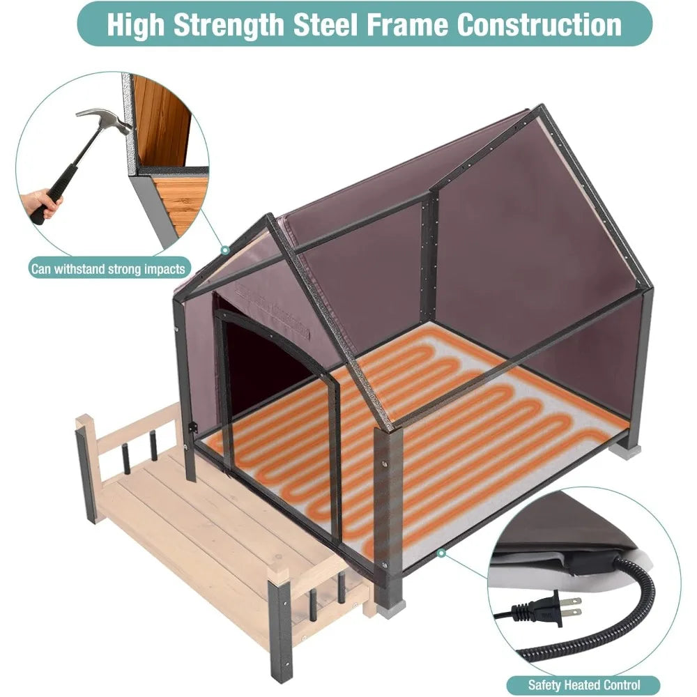 Insulated Dog House with Heating Pad, Weatherproof Outdoor Chew-Resistant Iron Frame & Asphalt Roof