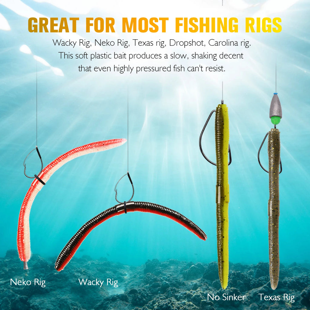 Dovesun 50PCS Wacky Worm for Bass Trout Fishing Worms Kit with Soft Plastic Baits