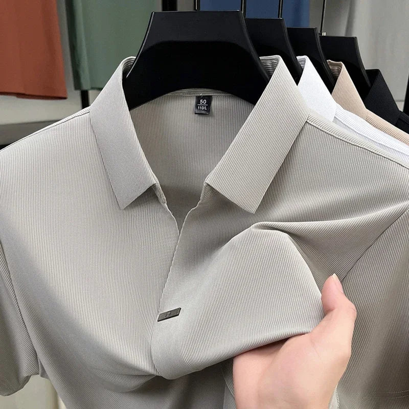2025 New Men's Casual and Solid Color Short Sleeved Polo Shirt Comfortable