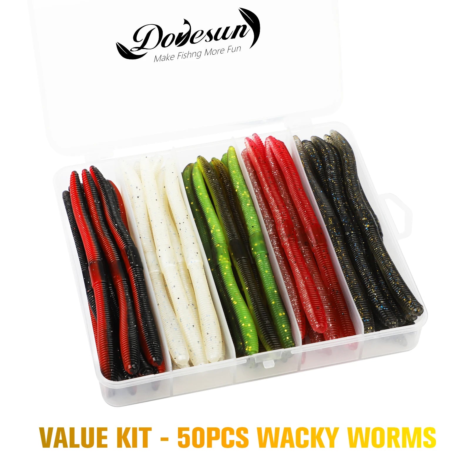 Dovesun 50PCS Wacky Worm for Bass Trout Fishing Worms Kit with Soft Plastic Baits