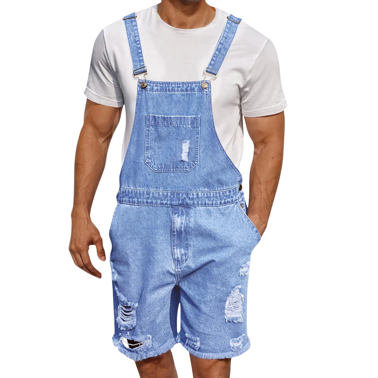 Men s Distressed Denim Overall Shorts Sleeveless Solid Color Loose Fit Jumpsuit