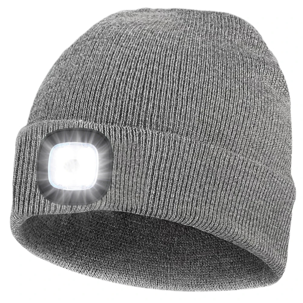 Winter Warm Knit Beanie 8 Hours High Powered Light 4 LED, USB Rechargeable Hands Free Headlamp Cap