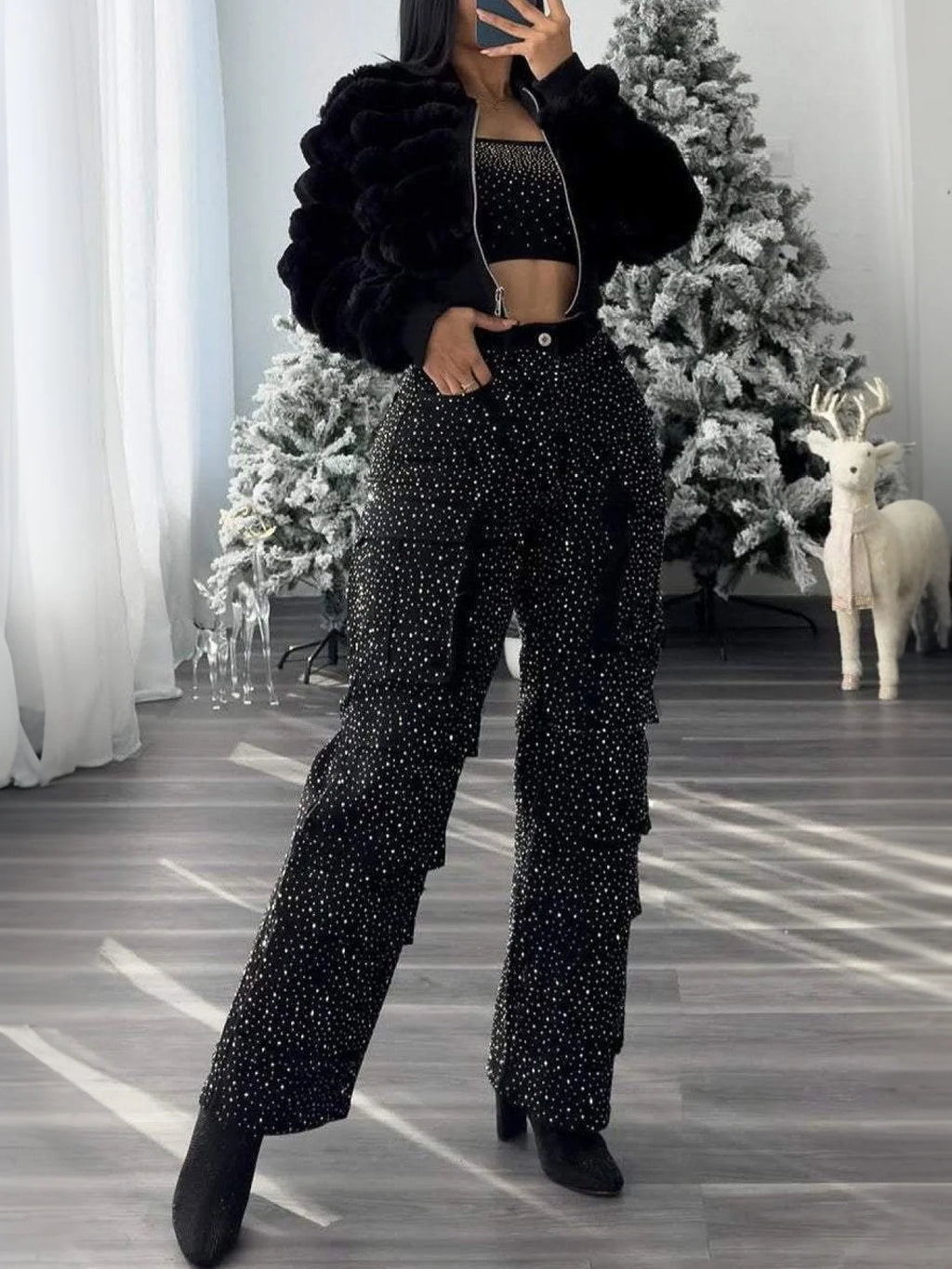 Waist Black Rhinestone Multi-Pocket Work Jeans, Street Style, Straight Jeans