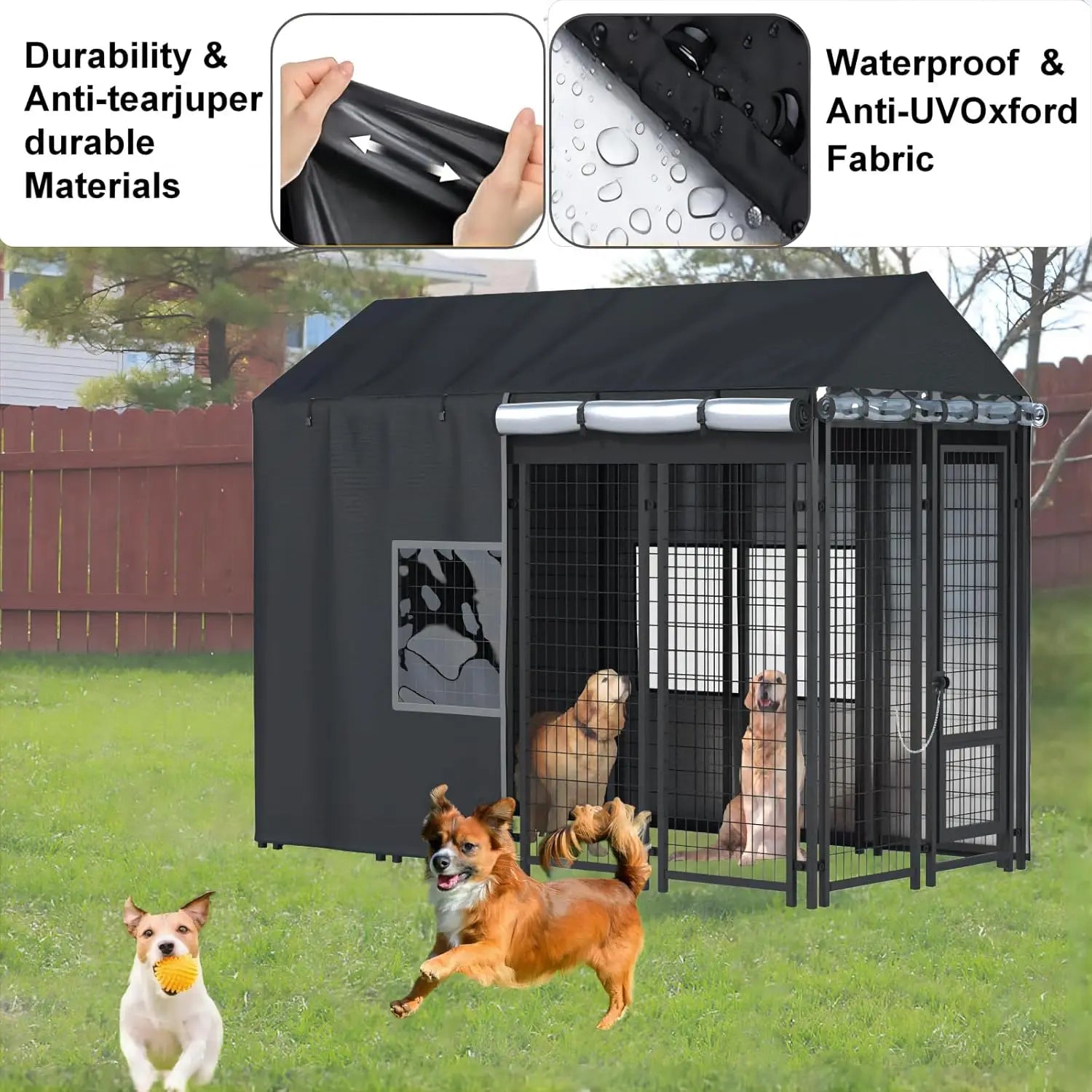 Outdoor Dog Kennel Cover - Full Coverage for 8'Dx4'Wx6'H Dog Cages, 600D Heavy Duty Waterproof Kennel Cover