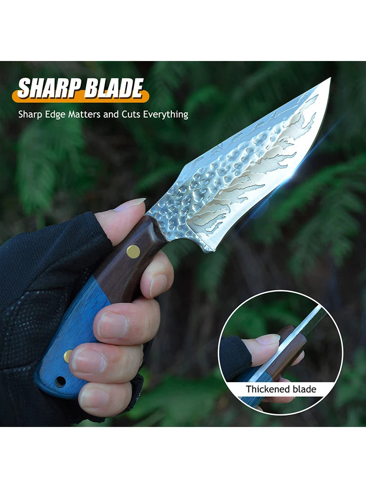 Damascus advanced straight knife, wooden handle and leather scabbard, fast cutting