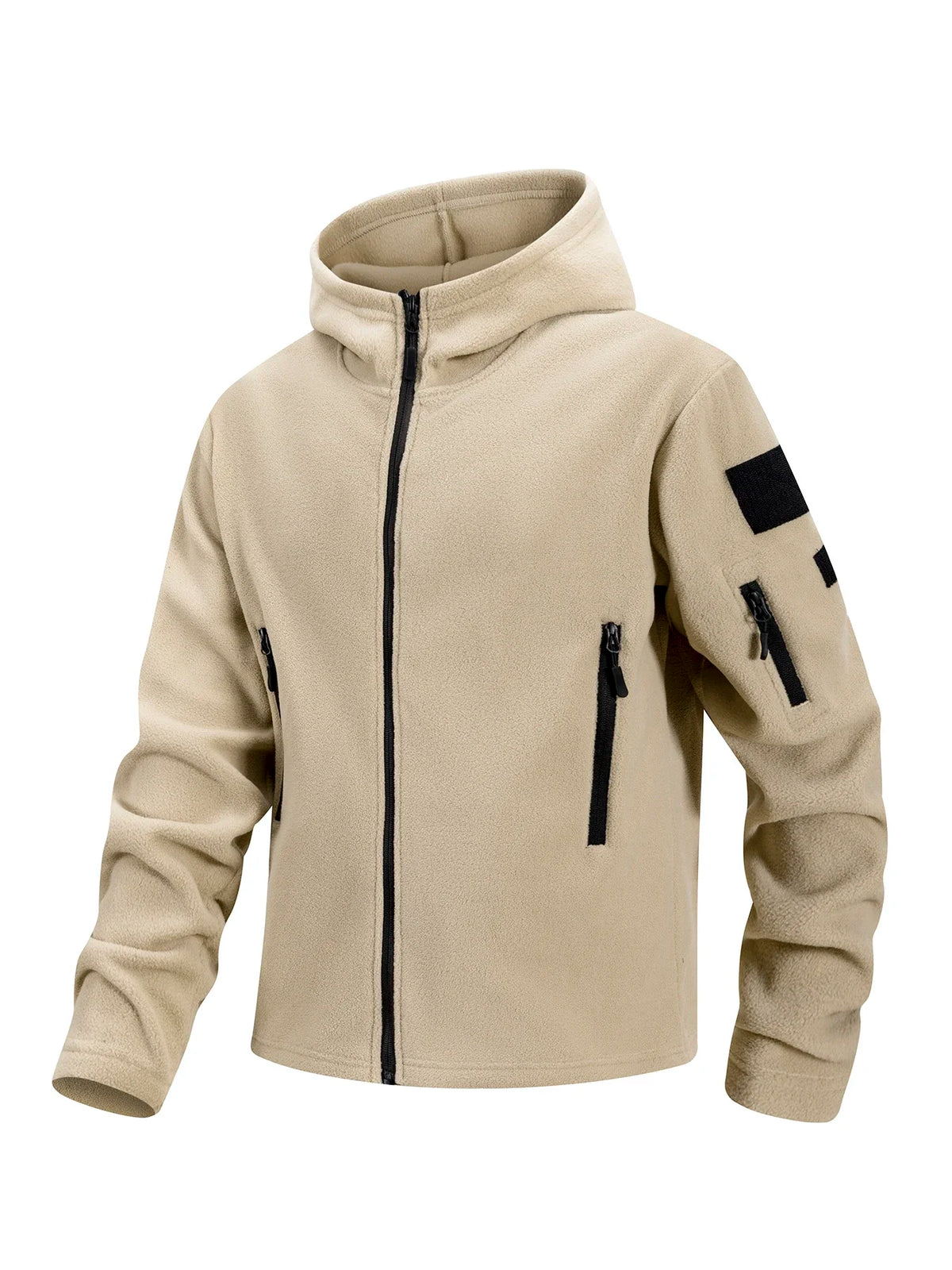Men Fleece Hooded Jacket Full Zip Hoodie Multi Zipper Pockets Hook & Loop Patch Panel Coat Outdoor
