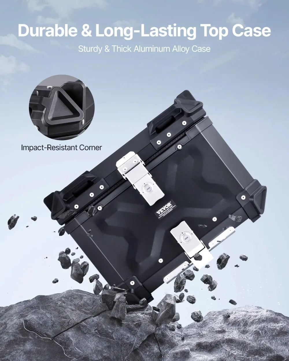 55L Universal Motorcycle Top Box, Waterproof Aluminum Alloy Tail Trunk with Lock & Back Cushion