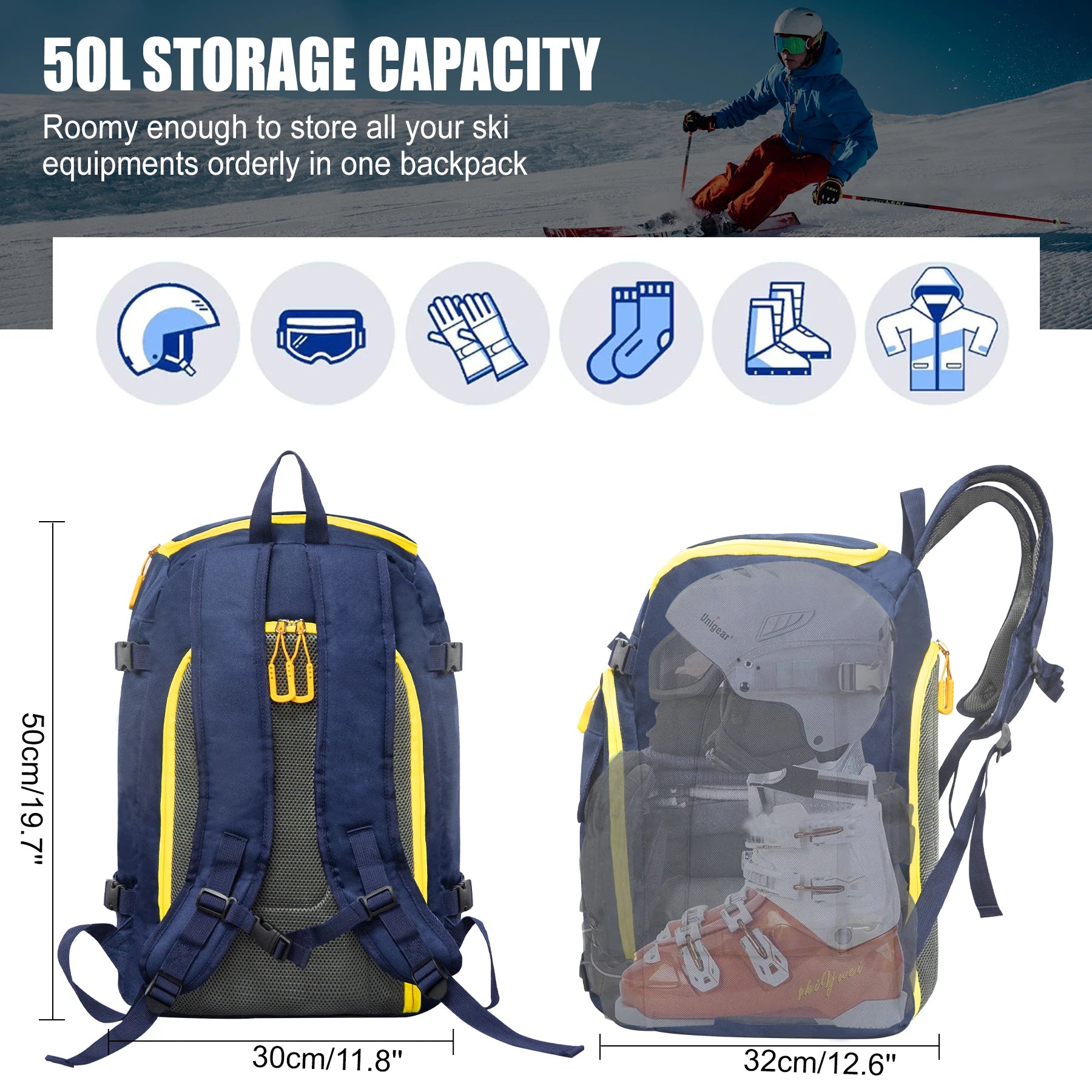 WESTTUNE 50L Outdoor Ski Boot Bag Large Capacity Travel Backpack for Accessories
