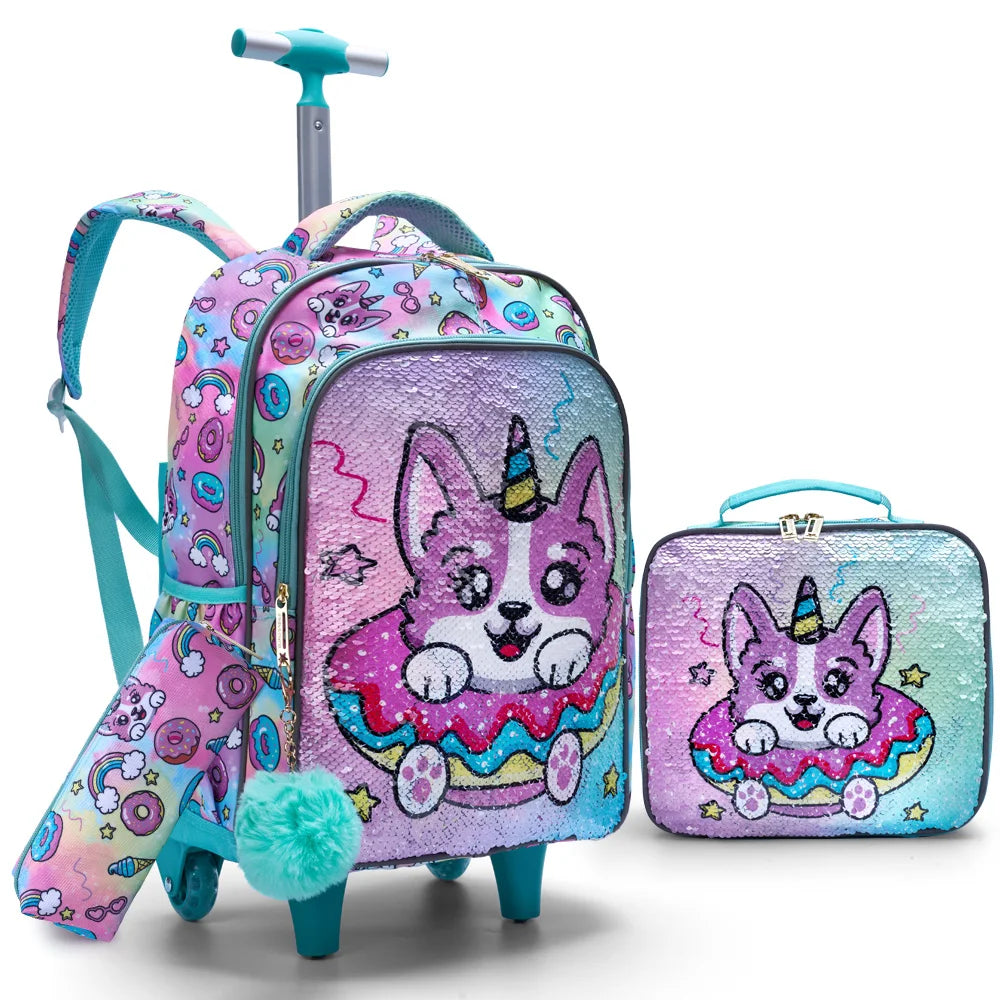 3PCS Kids travel bag, Luggage Bag, Bookbag with wheels, With Lunch Box And Pen Bag, Green Puppy sequin, Nighttime reflective
