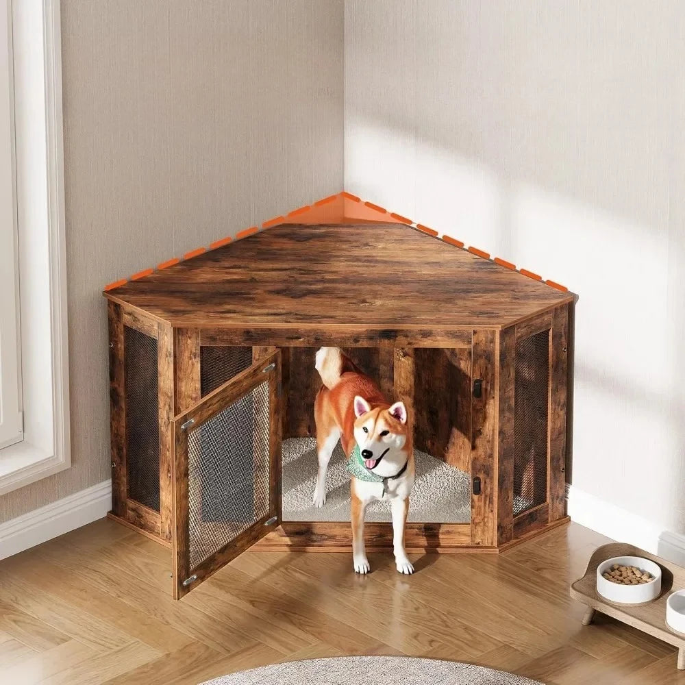 Corner Dog Crate Furniture, Wooden Dogs Kennel, Decorative Pet Crate Indoor Use