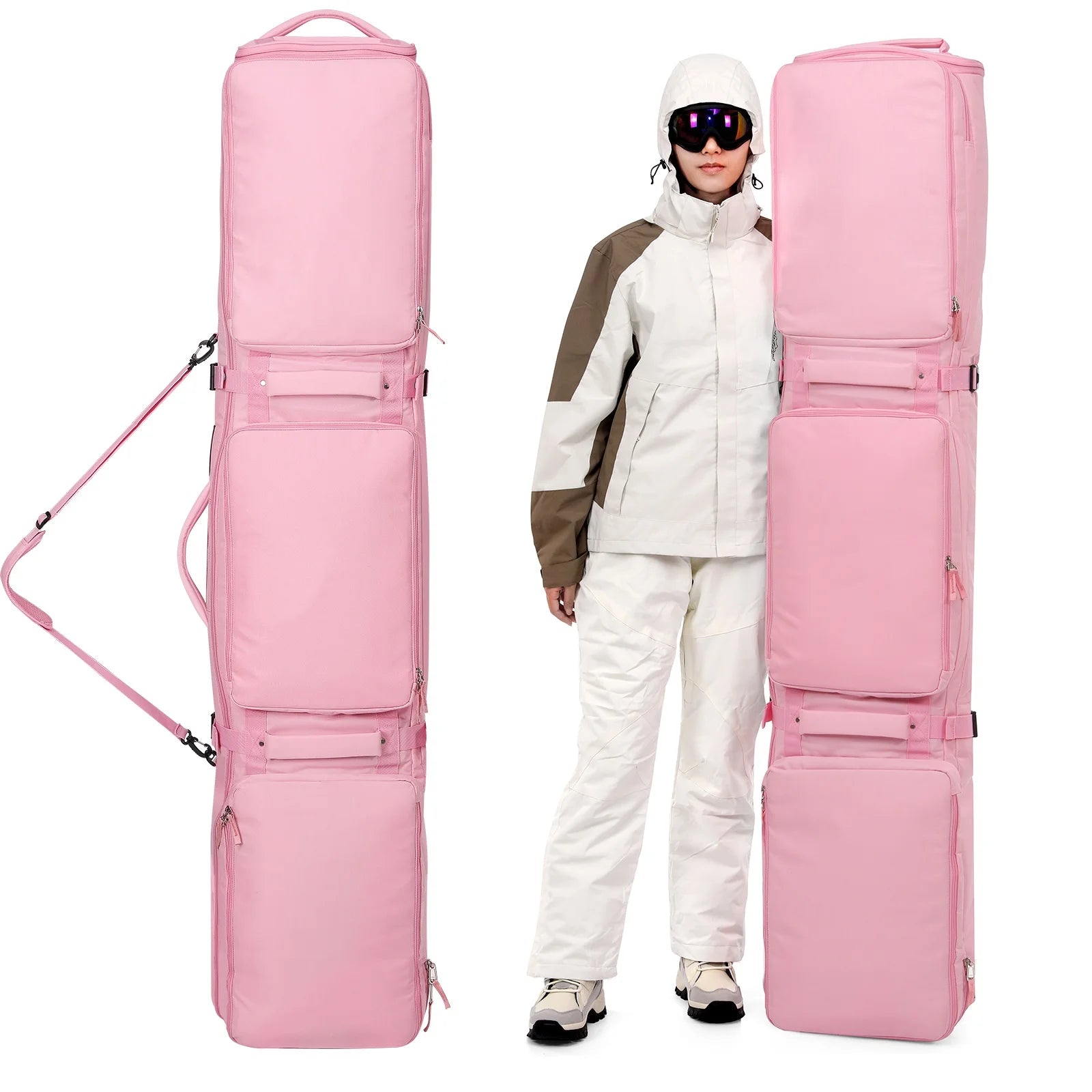 Pink/Black Skiing Bag with Rolling Wheel Waterproof Portable Board Bag 3 Separation Storage