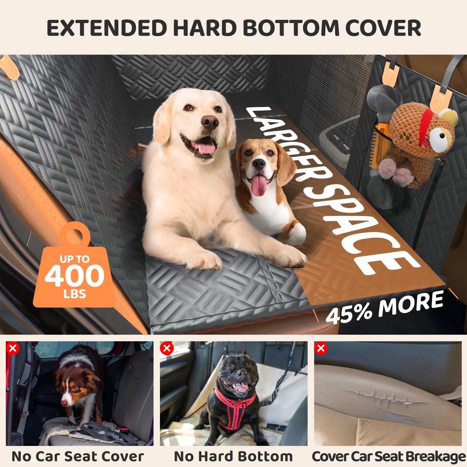 Car Rear Seat Dog Seat Cover, Hard Bottom Rear Seat Extender, Load-Bearing 400 Pounds, Anti-Scratch Washable Dog Hammock