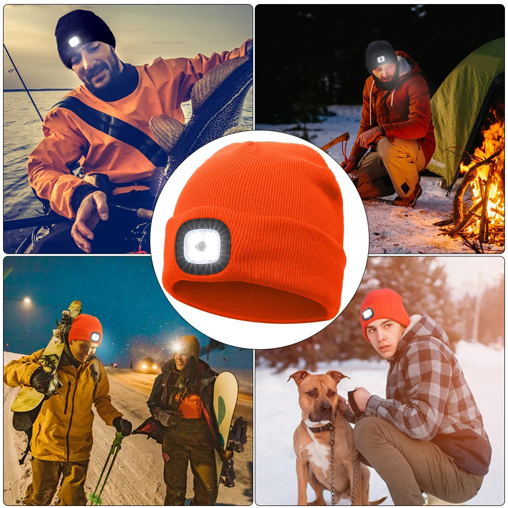 Winter Warm Knit Beanie 8 Hours High Powered Light 4 LED, USB Rechargeable Hands Free Headlamp Cap