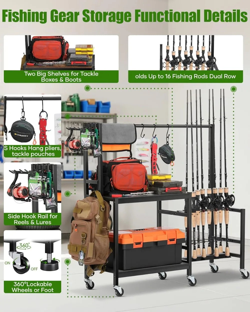 Fishing Rod Holder Holds Up to 16 Rods, Heavy Duty Rolling Cart with Wheels, Fishing Equipment Storage