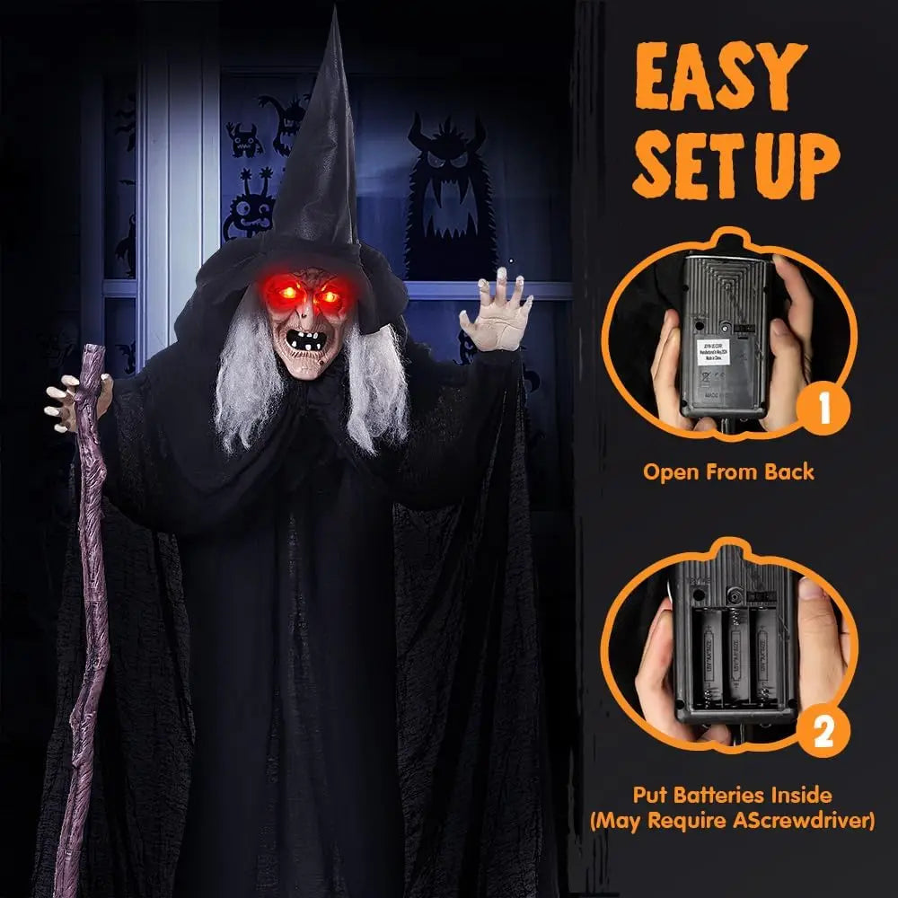 72" Animatronics Witch Outdoor Halloween Decorations with Cane Life Size with Creepy Sound and Light-up Eyes, Party Supplies