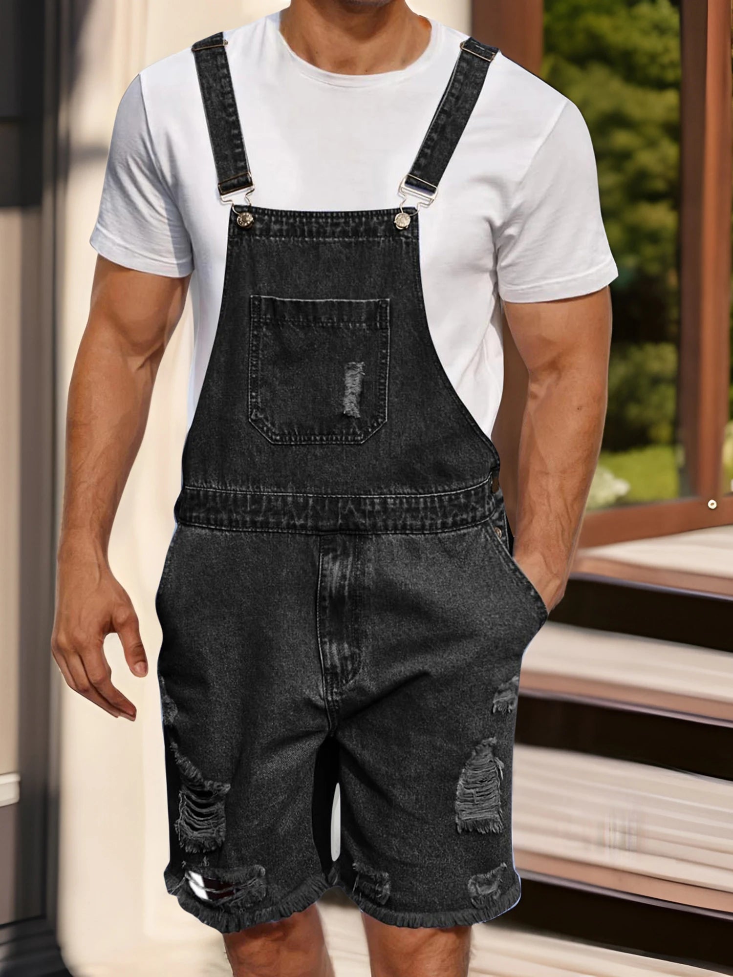 Men s Distressed Denim Overall Shorts Sleeveless Solid Color Loose Fit Jumpsuit