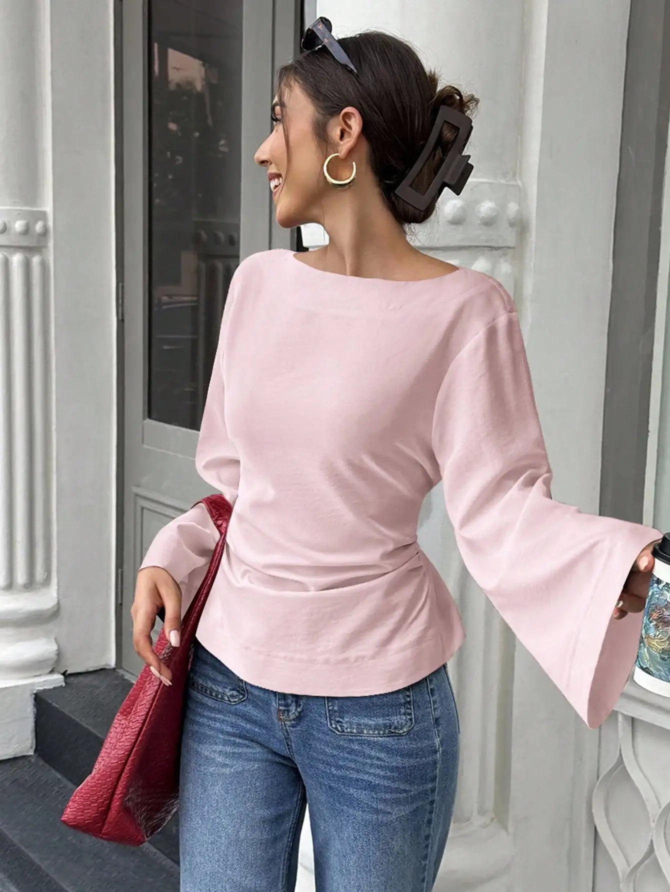 Women's Solid Black Waist-Cinched Flare Sleeve Blouse for Autumn