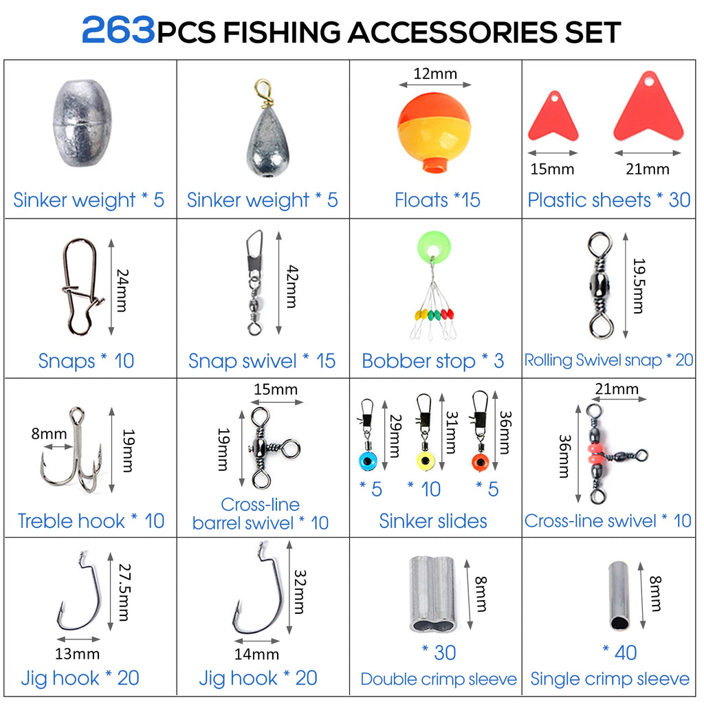 263pcs Fishing Accessories Set with Plier Jig Hooks Sinker Weight Swivels Snaps Sinker Slides