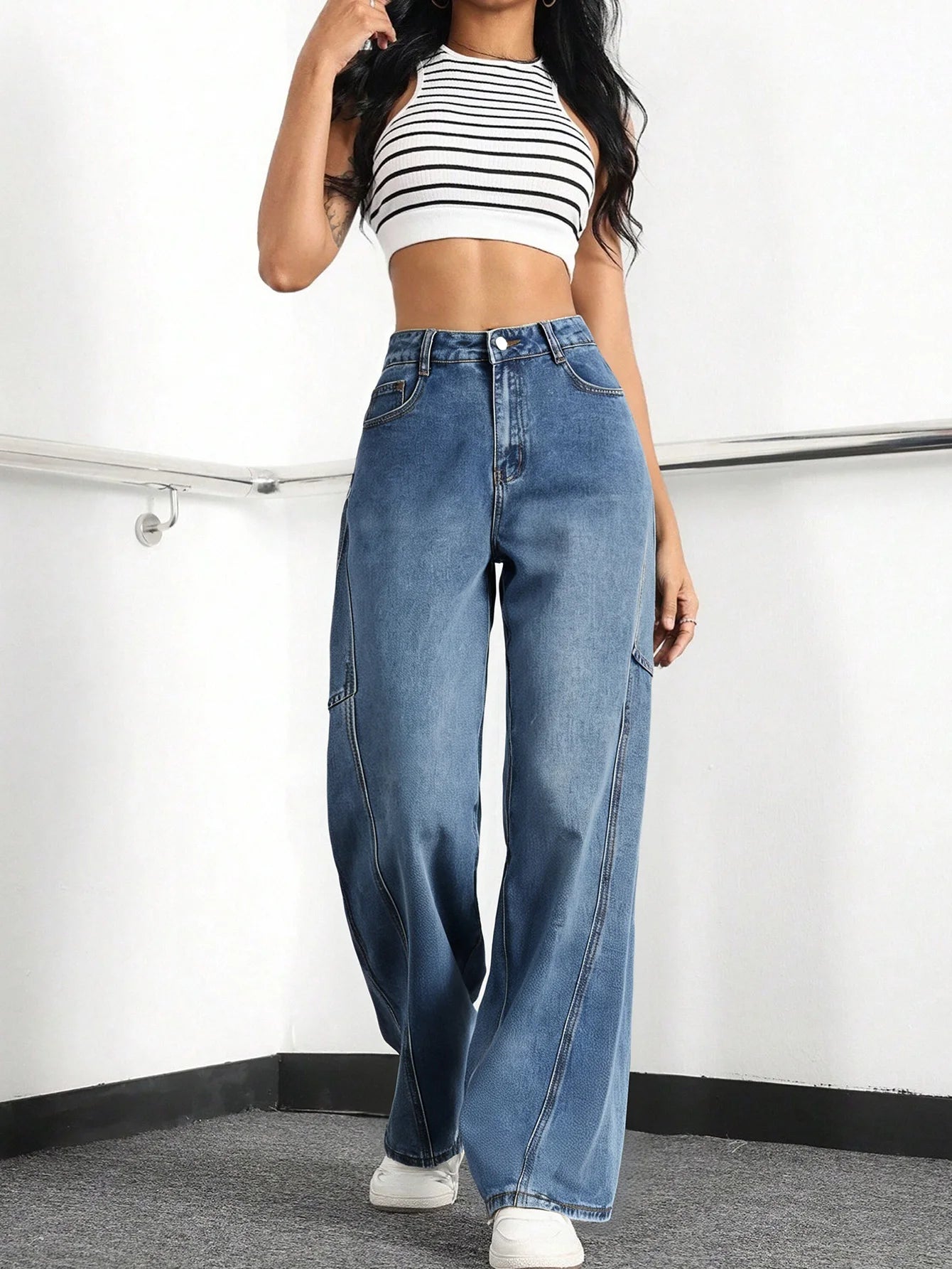 Women's High - Waisted Wide Leg Cargo Jeans | Baggy Denim