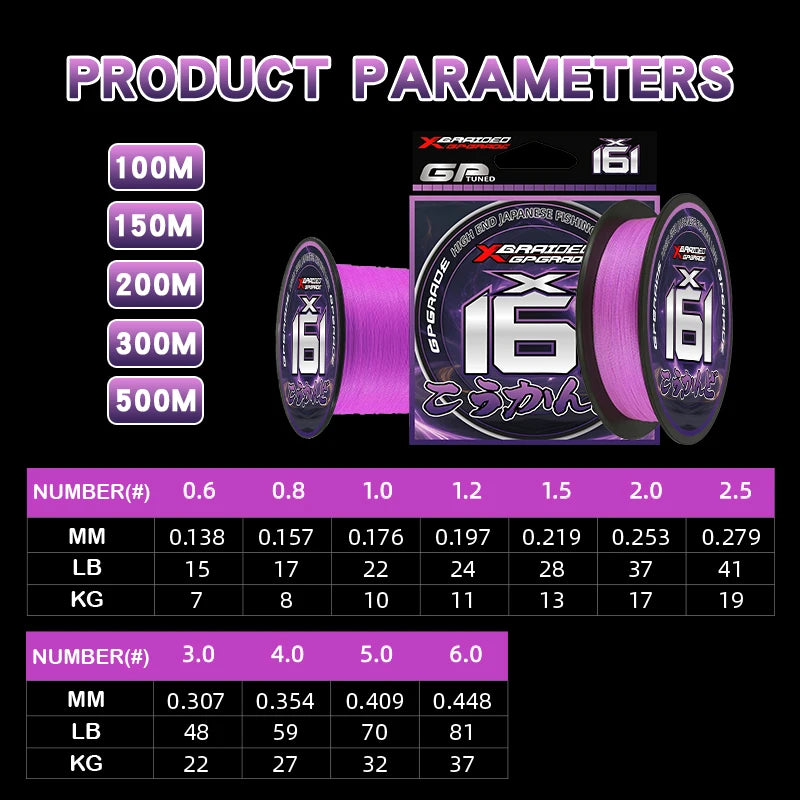 YGKPE X16 Braided Fishing Line 16 Strands Braid Purple100/150/200/300/500M PE Line Ultra Smooth