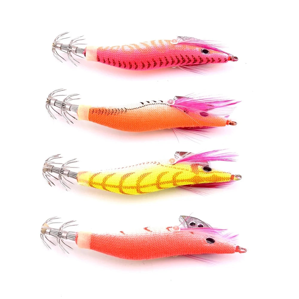 4PCS Fishing Lures Wrapped Prawn Lure Octopus Shrimp Wood Baits Squid Jig Fishing Hooks 8.5CM 7.3G 2.0#