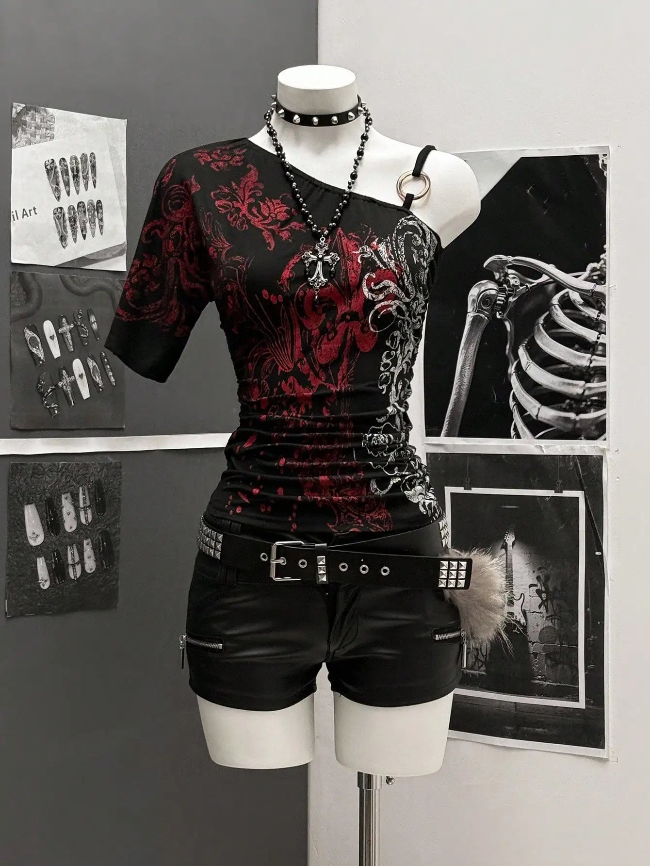 Purple Asymmetric Neck Graphic Tee with Ring Detail, Pleated Fit