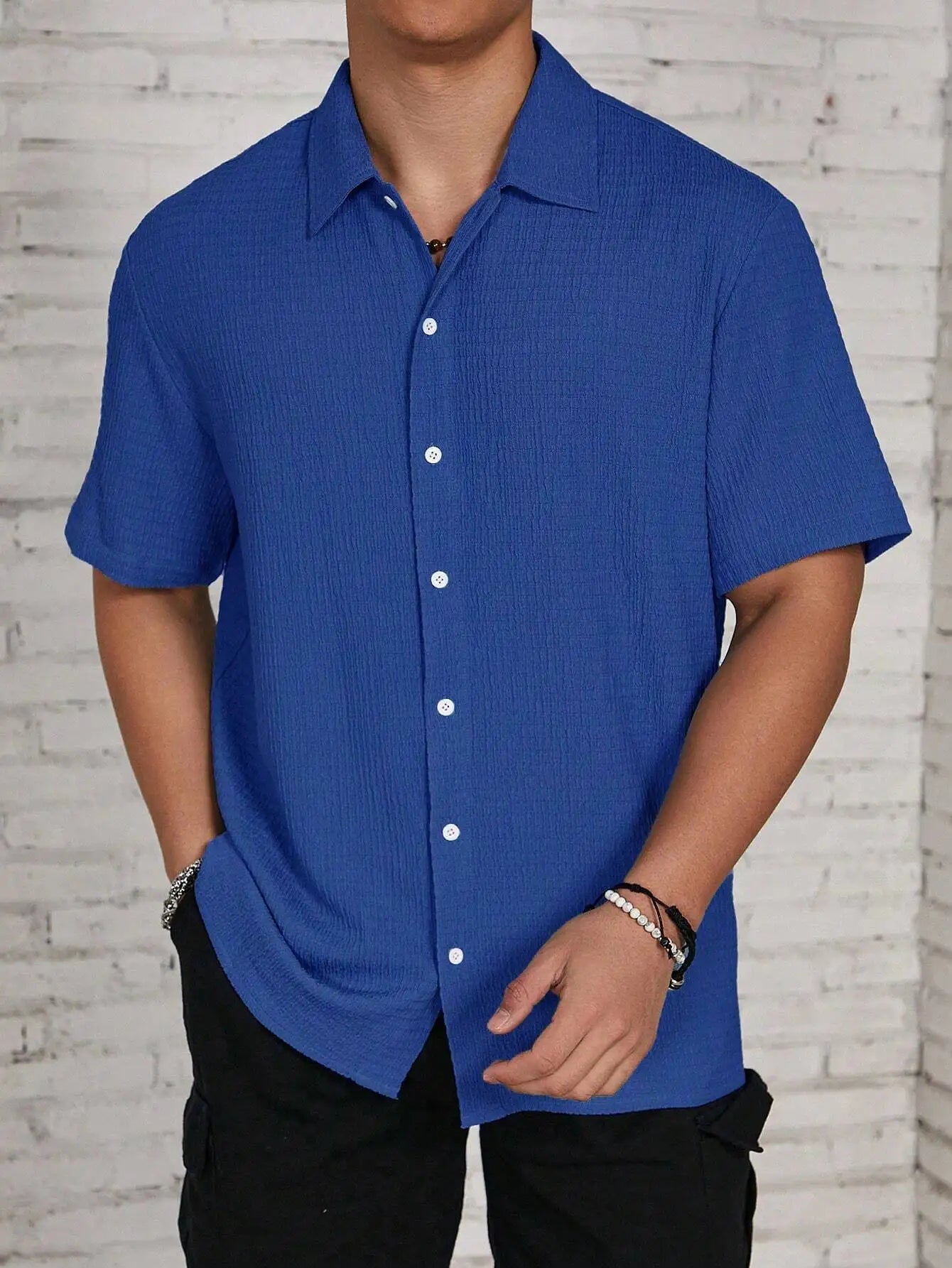 Men's Textured Knit Short Sleeve Button-Front Shirt, Loose Fit