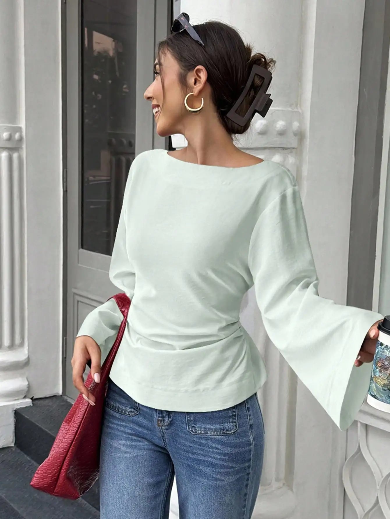 Women's Solid Black Waist-Cinched Flare Sleeve Blouse for Autumn