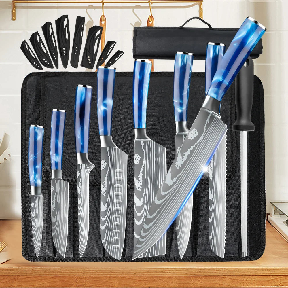 8PCS Resin Handle Carbon Steel Chef Knives Meat Cleaver Fruit Vegetable Slicing