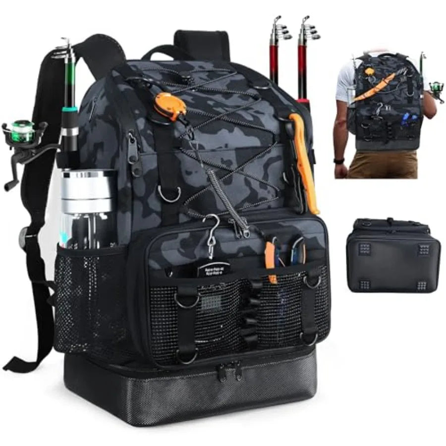 Fishing Backpack with 4 Tackle Boxes, Heavy Duty Fishing Bag with Waterproof Bottom, Tackle Backpack