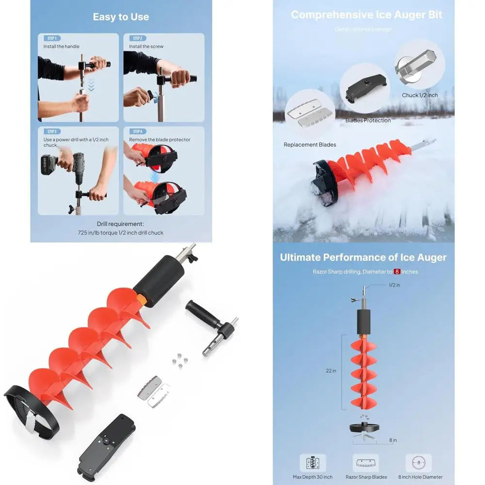 6-8 Diameter Ice Auger Bit Set with Replacement Blade, Blade Protector, and 1/2 Chuck Adapter