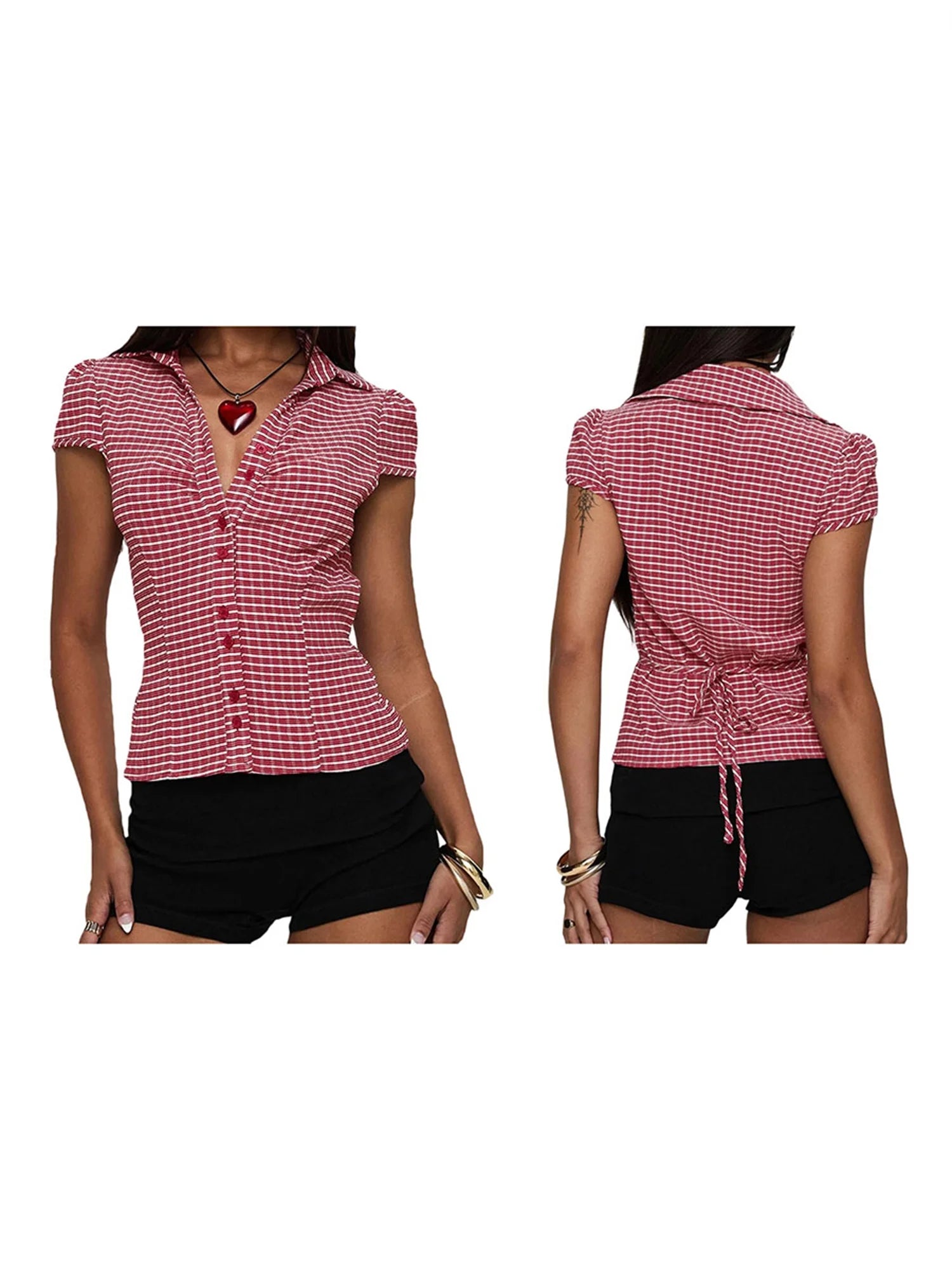 Women s Stylish Plaid Print Short Sleeve Shirt Lapel Button