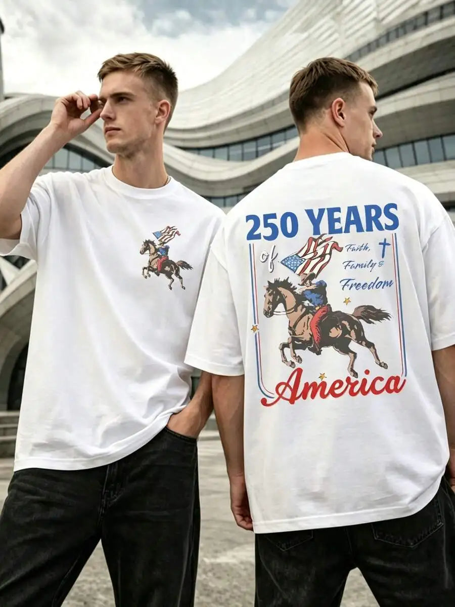 Patriotic Cowboy Horse Graphic T-Shirt For Men Faith Family Freedom 4th Of July Cotton Tee