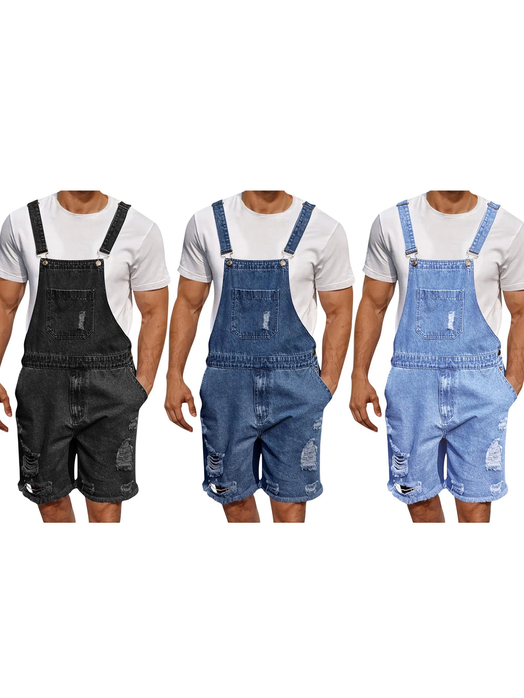 Men s Distressed Denim Overall Shorts Sleeveless Solid Color Loose Fit Jumpsuit